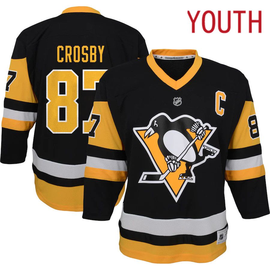 Youth Pittsburgh Penguins 87 Sidney Crosby Black Captain Patch Home Replica Player NHL Jersey
